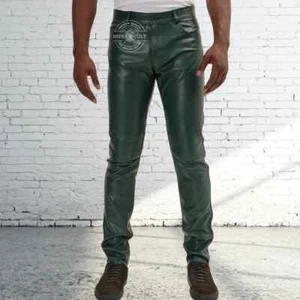 Men’s Green Genuine Leather Pants Slim Fit Biker Trousers Jeans Style - Picture 1 of 3