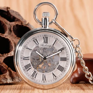 Silver Men Women Automatic Mechanical Pocket Watch Roman Number Luminous Hands - Picture 1 of 12
