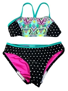Speedo Girls 2pc Bathing Suit Size 10 Black/ White, Pink/Aqua Razor Strap - Picture 1 of 5