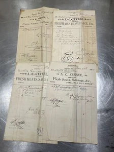 1890s billhead Ephemera Lot A.C. Zerbee Fresh Meat Sausage statement 4 Total - Picture 1 of 10
