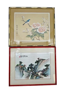 Vintage Asian Art SilkPaintings Peony Bird Landscape H33.5cmxL41cm  E12 G700 - Picture 1 of 18