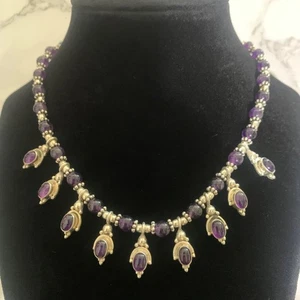 Vintage Amethyst Glass Sterling Silver Necklace Dangle Pendant Bead Choker 15" - Picture 1 of 6