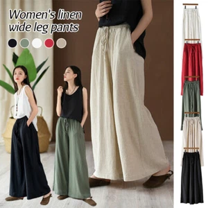 Lady Summer Wide Leg Pants Cotton Linen Breathable Straight Loose Long Trousers - Picture 1 of 29