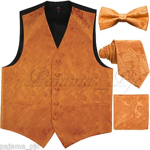 ORANGE XS - 6XL Paisley Tuxedo Dress Vest Waistcoat & Neck tie & Bowtie Hanky - Picture 1 of 5