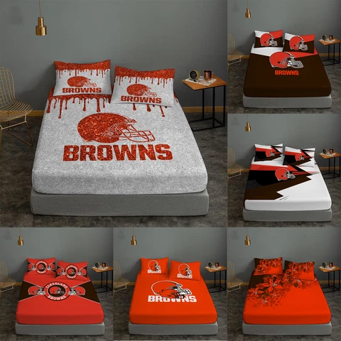 Cleveland Browns 3Pcs Fitted Sheet Pillowcases Soft Deep Pocket Bed Sheet Set Cover