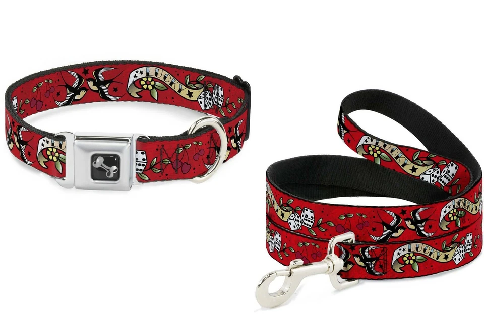 Collar o correa de perro con hebilla serie de tatuajes - dados rojos de la suerte pájaro negro Foto 1 de 4