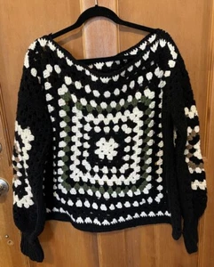 Vintage Handmade Granny Square Boat Neck Pullover Sweater OSFM - Picture 1 of 3