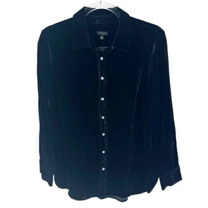 Talbots Blouse Womens Medium Black Crushed Velvet Button Down Shirt NEW - Picture 1 of 16