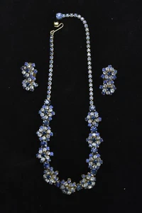 Vintage ROYAL BLUE & ICE RHINESTONE CHOKER NECKLACE EARRINGS DAISY DESIGN #07201 - Picture 1 of 6