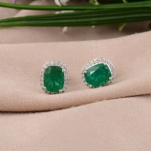 2.40 TCW Lab Grown CVD Diamond Zambian Emerald 14k White Gold Gift Stud Earrings - Picture 1 of 8