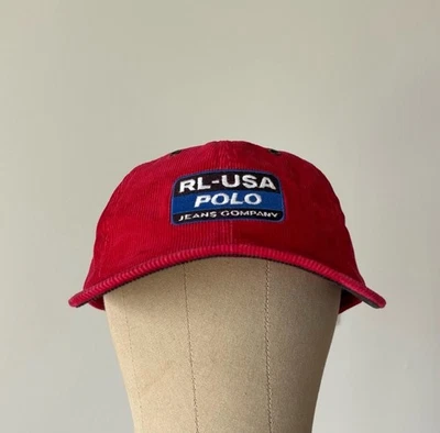 De colección Polo Jeans Rojo Pana Sombrero EE. UU. RL Parche Hechizo Logo Correa de Cuero Años 90 Foto 1 de 4