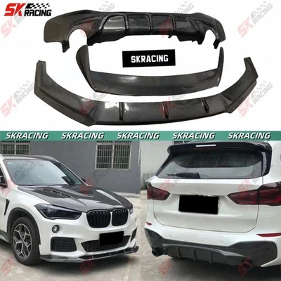 Kits de asa de teto labial parachoque dianteiro traseiro compatível com BMW X1 M-Sport F48 16-19 fibra de carbono - Imagem 1 de 4