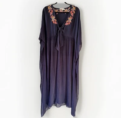 Johnny Was Golda Maxi Kaftan Large Navy Blue Dress Swim Cover Up Boho Floral - Image 1 of 4