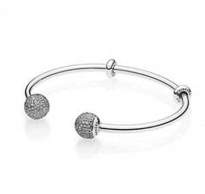 Pandora Moments Open Bangle Sparkling Pavé CZ End Caps 596438CZ Size 2 RARE HTF - Picture 1 of 14