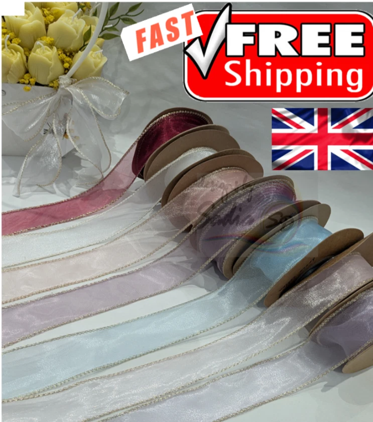 Wired Organza Ribbon with golden edge For Gift Wrapping, Bouquet Wrapping - Image 1 of 1