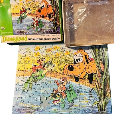 Vtg 100 Pc WDP Disneyland Pluto Chip Dale Frog Pond Puzzle Waddingtons England - Image 1 of 4