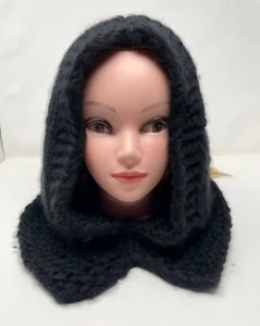 Bufanda con capucha para mujer sombrero tejido a mano 100 % cachemir color negro cálido regalo - Imagen 1 de 7