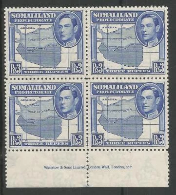 SOMALILAND PROTECTORATE SG103  1938 GVI  $3 BRIGHT BLUE SUPERB MNH IMPRINT BLOCK - Image 1 of 2