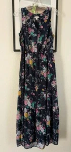 Merona x Target Womens Sz Small Navy Blue Floral Print Maxi Dress Ruffle V Neck - Picture 1 of 9
