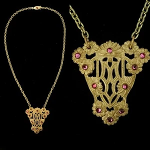 Vintage Halskette 20er Jahre filigran Blume rosa Kristall - Bild 1 von 5