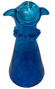 Vintage Hand Blown Blue Glass W Rigaree Band Vaseline Crackle Glass Bud Vase 4” - Picture 1 of 13