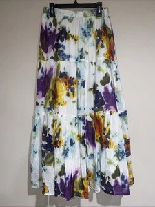 APOLLO Floral Water Color ELASTIC WAIST Maxi SKIRT Boho Cottage Gauze Sz Med - Picture 1 of 7