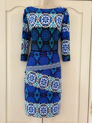 Joseph Ribkoff Blue & White lined and layered Occasion Dress Size 12 - Image 1 of 4