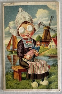 Holländisches Mädchen mit Puppe Windmühle fehlende große Augen Postkarte - Bild 1 von 2