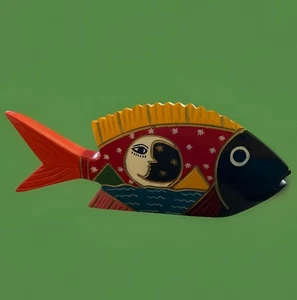 Oaxaca Mexikanische Volkskunst Fisch Vintage Handgeschnitzt Bemalt Holz Gesprächsstück - Bild 1 von 10