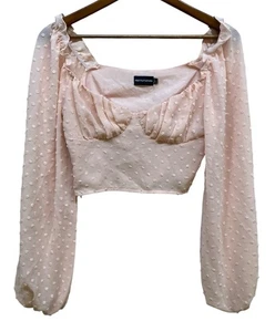 Pretty Little Thing Top 8 Pink Cropped Sheer Swiss Dot Long Sleeve Chiffon - Picture 1 of 6