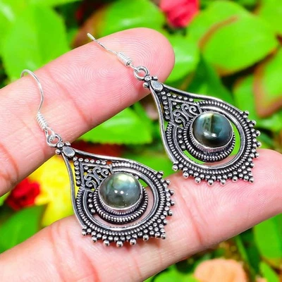 Natural Labradorite Gemstone Handmade 925 Sterling Silver Earring 2.13" Gift K42 - Image 1 of 4