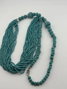 Turquoise color beaded Silvertone and Seed beaded necklace 40 “ AB-4 - Picture 1 of 6