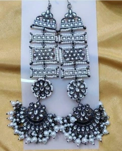 Pendiente indio Bollywood oxidado tono plata perla Kundan mujer moda joyería - Imagen 1 de 1