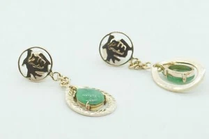 Estate 14k Yellow Gold Natural Jade Dangle Drop Earrings Green Gemstone Vintage - Picture 1 of 4