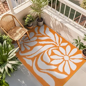 Floral Outdoor Patio Rugs Waterproof, 5X8Ft Portable RV Camping Mat, Orange Outd - Picture 1 of 12