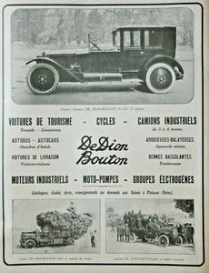 PUBLICITÉ DE PRESSE 1920 DE DION BOUTON VOITURE DE TOURISME CAMION ARROSEUSE - Foto 1 di 1