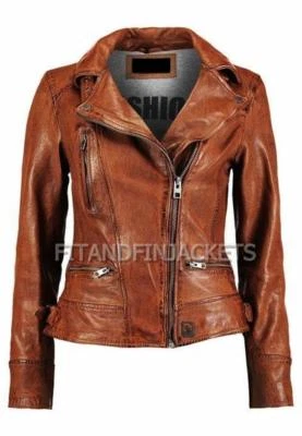 Chaqueta de cuero real vintage marrón envejecido moto motociclista café corredor café para mujer Foto 1 de 4