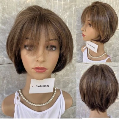 Short Bob Cut Soft Brown Mix Human Hair Blend Heat Ok Wigs Women Natural - Image 1 of 4