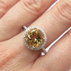 925 Sterling Silver Real White Diamond & Citrine Gemstone Ring Size 10 - Picture 1 of 7