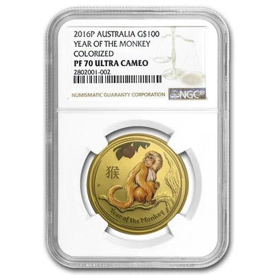 2016 Austrália 1 oz Macaco Lunar Dourado PF-70 NGC (Colorido) - Imagem 1 de 3