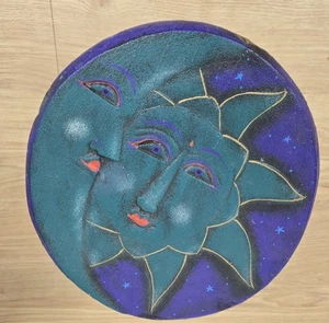 Vtg Celestial Folk Art Wooden Three Legged Sun Moon Stars Milking Stool Pier 1 - Picture 1 of 9