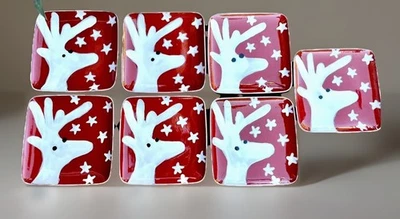 "Juego de 7 platos cuadrados festivos de reno de Navidad rojo y blanco 8,75""" Foto 1 de 3