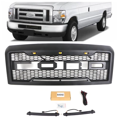Front Grille Fit For FORD E150 E250 E350 2008-2014 Black Grill W/Led & Light Bar - Image 1 of 4