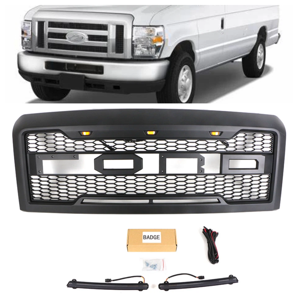 Parrilla delantera apta para Ford E150 E250 E350 2008-2014 parrilla negra con LED y barra de luz Foto 1 de 4