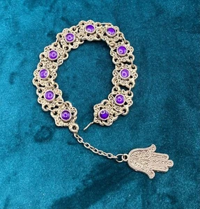 Silver Tone Bracelet Purple Foiled Acrylic Stones Hamsa Charm Judaica Adjustable - Picture 1 of 5
