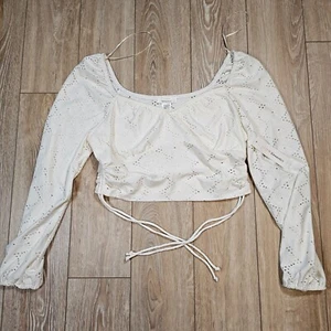 Urban Romantics Crop Top Womens Lg White Cream Lace Up Ruffle Eyelet Puff Fairy - Picture 1 of 13