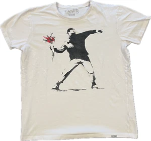 Faces T-Shirt. Banksy. Street Art. Flower Bouquet. Color: White. Size: Men's L - Picture 1 of 4