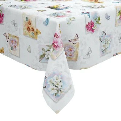 PATCHWORK BUTTERFLIES WHITE GROUND BLUE PINK BUTTERFLY PVC VINYL TABLE CLOTH - Image 1 of 4