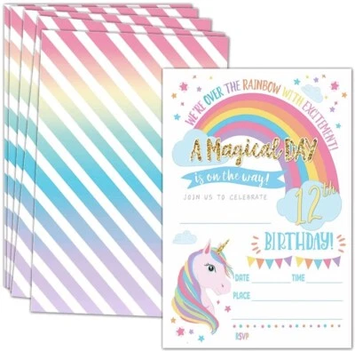 Invitaciones unicornio 12 cumpleaños arco iris mágico celebrar 20 tarjetas y sobres Foto 1 de 3