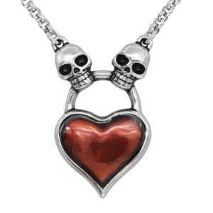 Couple Skulls Red Heart Necklace Stainless Steel Jewelry by Controse - Picture 1 of 6